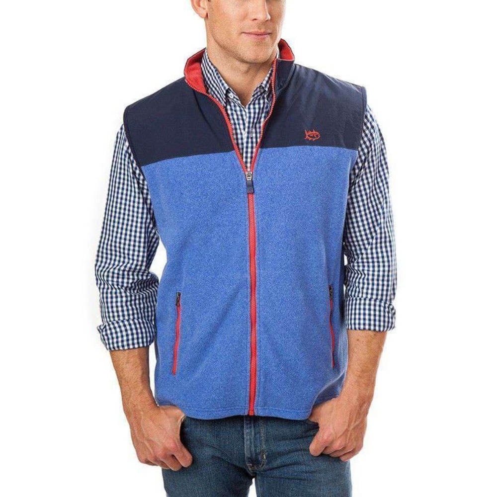 Southern Tide Vest Mens Medium Blue Red Fleece Sleeveless Pockets Full Zip